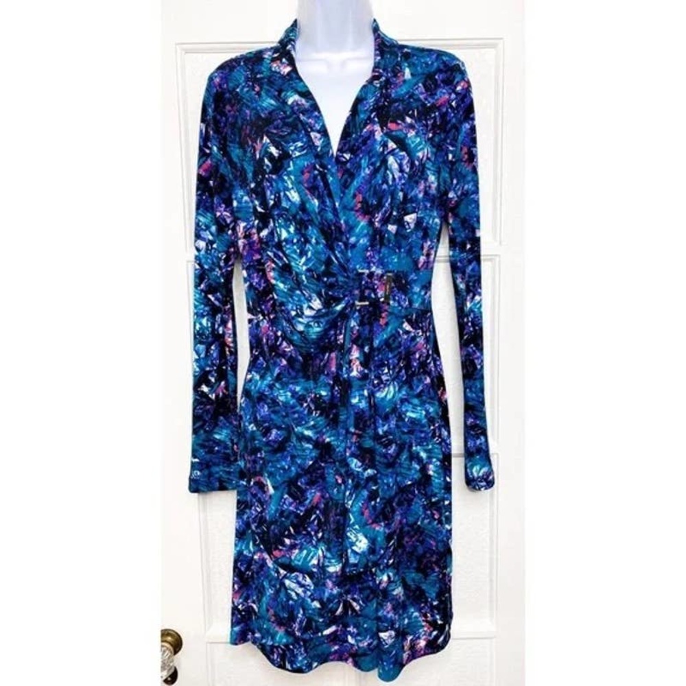 Calvin Klein Watercolor Vibrant Blue Long Sleeve Collared Buckle Wrap Dress 6